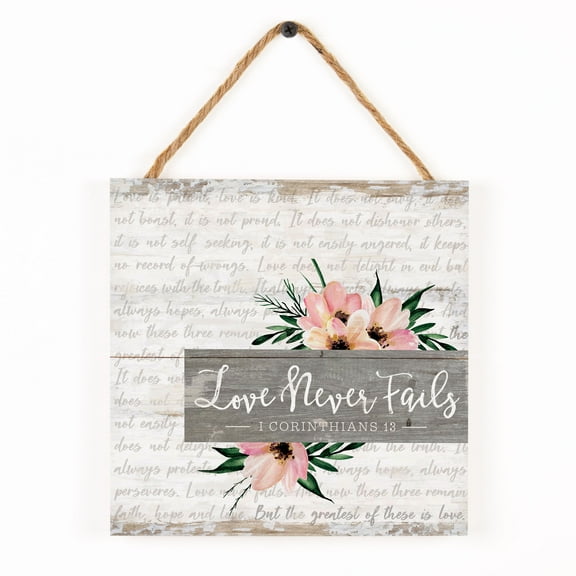 P. Graham Dunn Love Never Fails Floral Whitewash 7 x 7 Inch Wood Pallet Wall Hanging Sign