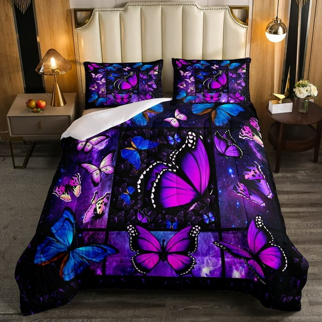 YST Galaxy Full Size Comforter Set, Blue Purple Butterfly Bedding with
