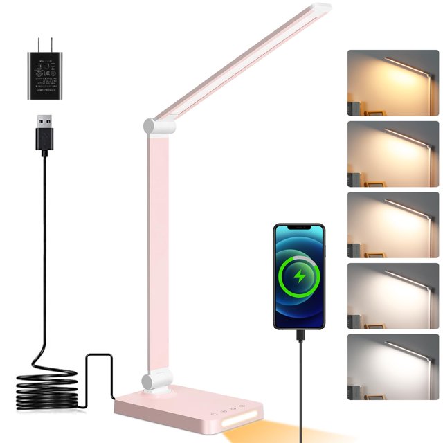 Lámpara LED de escritorio Dott Arts con puertos USB, 5 modos de color rosa