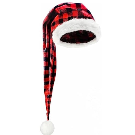 Plushie Christmas Hat with Red and Black Buffalo Plaid, Multicolor Holiday Party Santa Hat for Christmas Costume Accessory Gifts