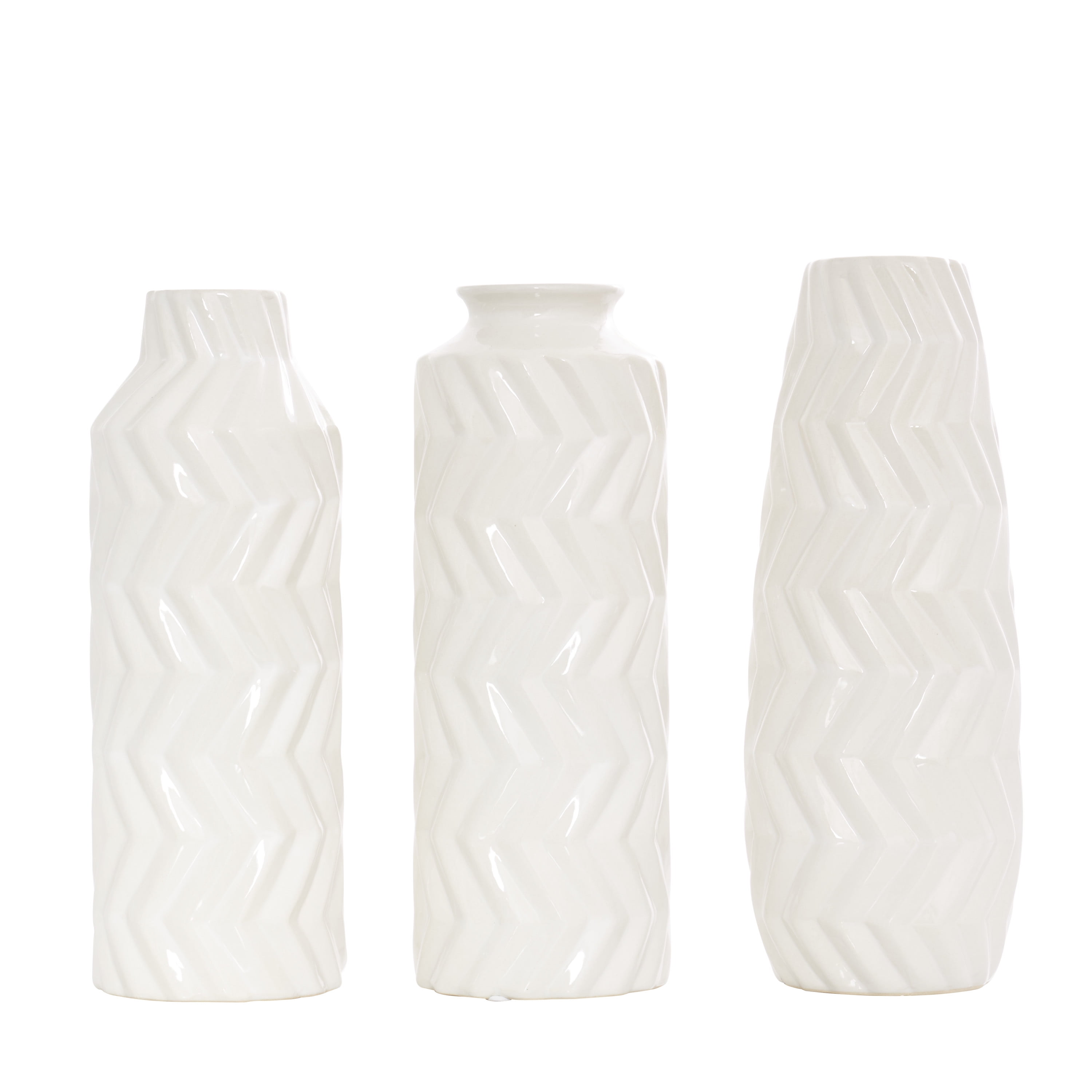 DecMode 4"W, 11"H Dimensional Chevron Textured White Ceramic Vase with Varying Shapes, Set of 3