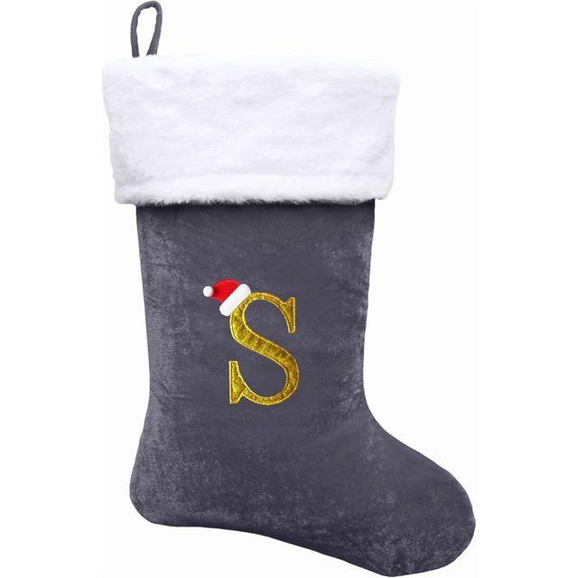 Dbfengbilian 21 Inches Christmas Stockings with Customizable Letters, Large Christmas Stockings with Super Soft Plush Cuff Embroidered Letter - Grey S