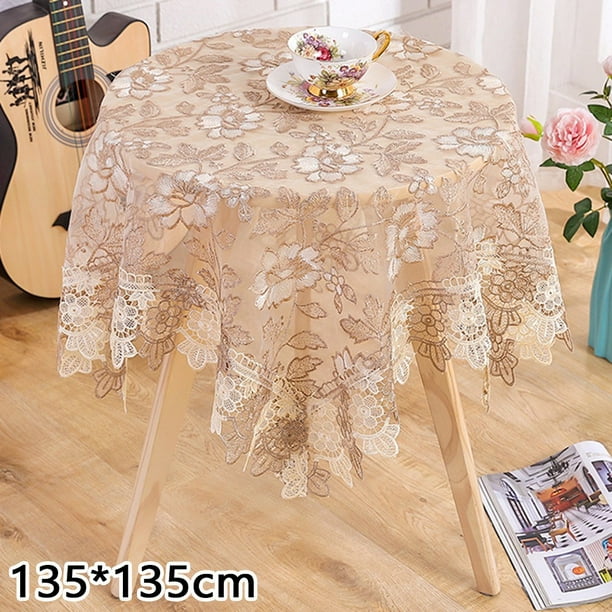 KDJ Lace Flower Tablecloth Round Table Protector, Light Coffee Polyester Nylon Blend, for Wedding, Party, Home Decor, Machine Washable, 135x135cm