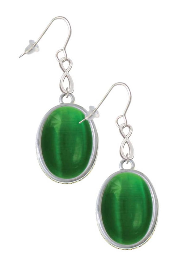 Silvertone Oval - Imitation Cat's Eye - Green - Silver tone Infinity French Earrings