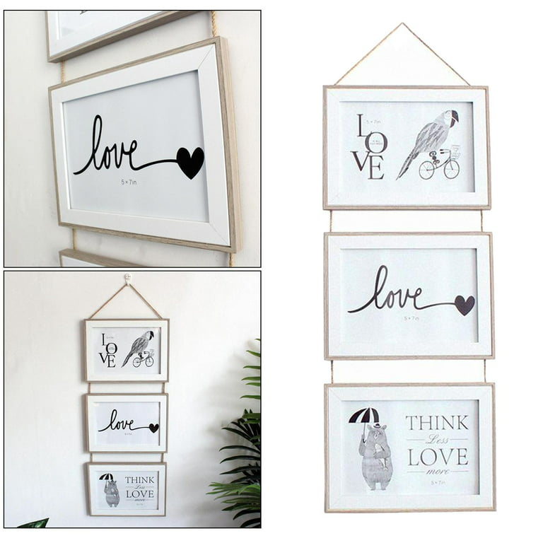 Collage Picture Frame Set- Three 4x4 White Frames on Hanging Rope