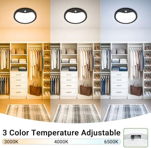 HOVMAP Rechargeable Motion Sensor Ceiling Light, Wired 18W 1800lm 3 Mode Timer Bright LED Flush Mount Light Fixture, Renter Friendly Ceiling Light, Garage Lights, 2Pcs 9" Infrared Sensing Black 3CCT