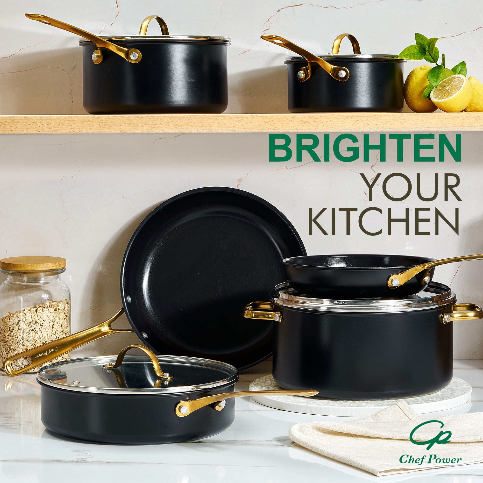 Chef Power Ceramic Cookware Sets, 10Pcs Pots and Pans Set Non Stick, Cookware Set with Stainless Steel Handle, Dishwasher & Oven Safe,Stone Black with Light Gold Handle