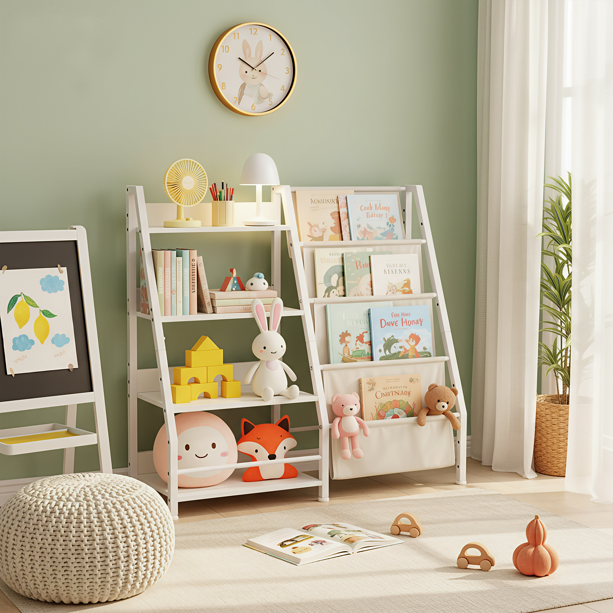 MAYEERTY Natural Wood Kids Bookshelf, 4-Tier Bookcase with Hanging Pockets, Children's Storage Organizer for Books & Toys