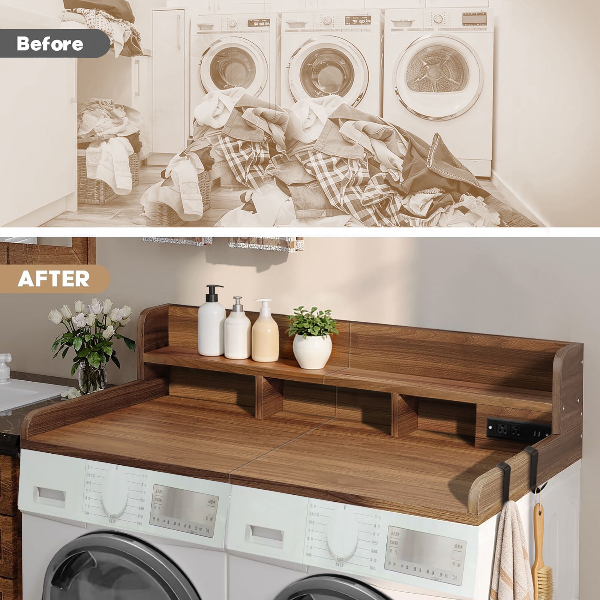 CQSXDA 54"Large 2-Tier Walnut Laundry Countertop With Power Outlet, Hooks & Non-Slip Pads for Folding and Storage