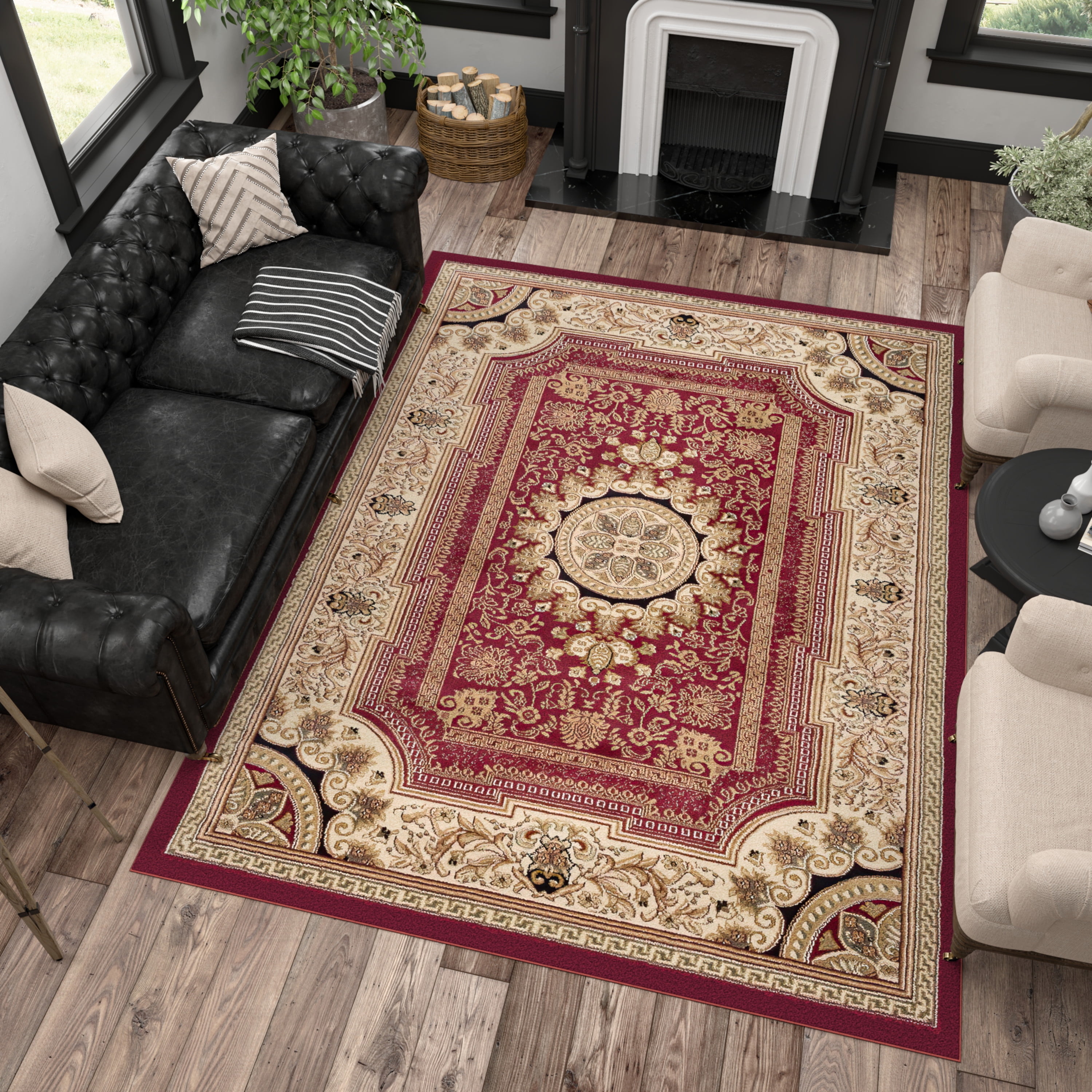 Sensation Traditional 5' x 7' Red and Beige Polypropylene Indoor Area Rug