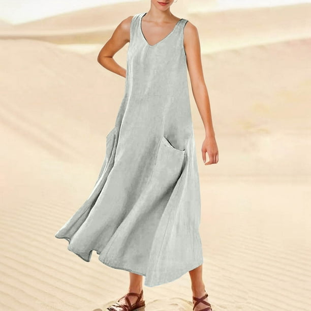 WILLBEST Vestido Corto De Verano Para Mujer, Color Liso, Sin Mangas, Cuello En V, Elegante, Holgado, Informal, Largo, Con Bolsillos, Cómodo Y Elegante Para Uso Diario.