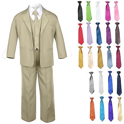 

6pcs Boy Baby Toddler Formal Wedding Party Khaki Suits Tuxedo Extra Necktie S-7
