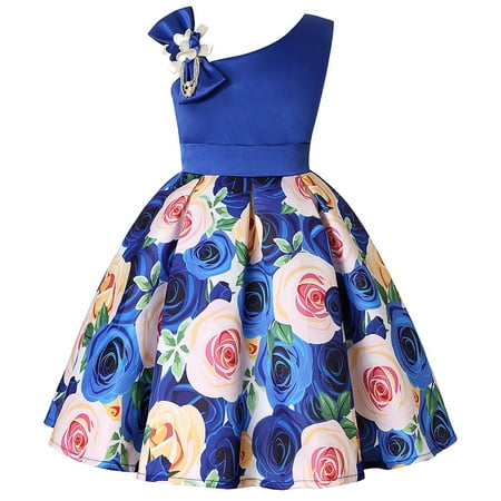 

Zpanxa Baby Girls One Shoulder Dress Toddler Girls Princess Dress Little Girls Party Wedding Formal Dress Rose Print Kids Pageant Flower Girl Sleeveless Dress Blue (2-3 Years)
