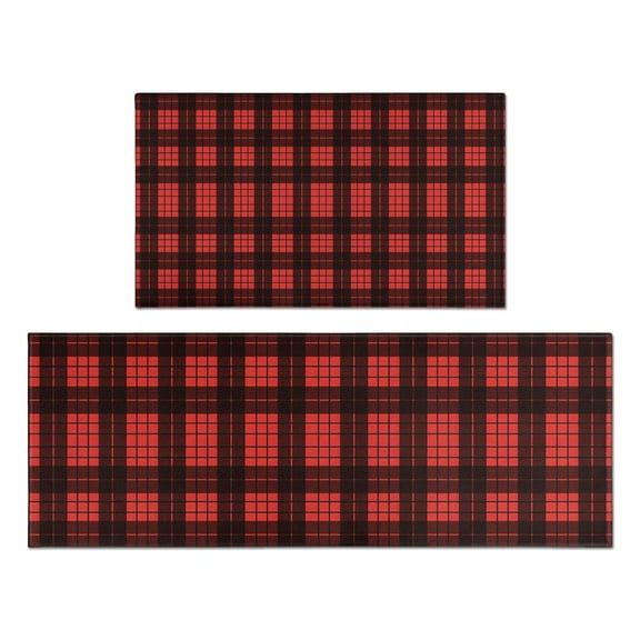 Red and Black Christmas Plaid Pattern Kitchen Rugs Sets Of 2,Anti Fatigue Kitchen Mat Rugs Non Slip Washable,Decorative Kitchen Floor Mats for Kitchen,Sink,Laundry,17"x30" 17"x47"