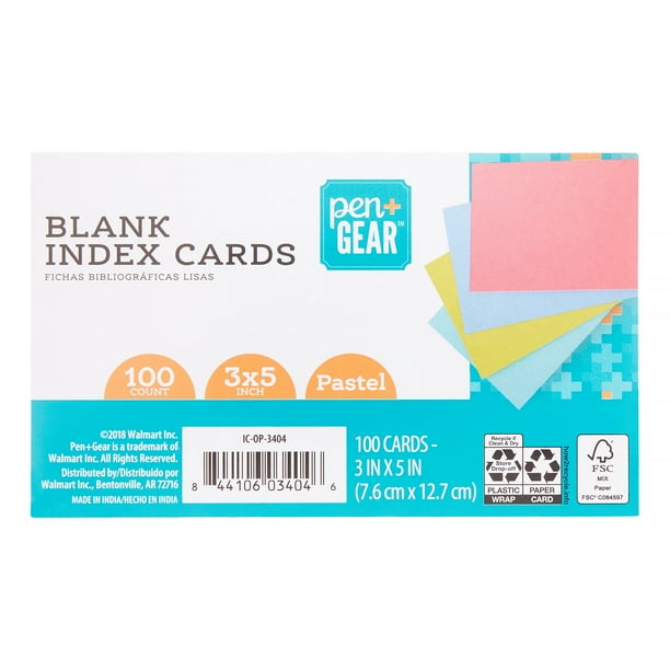 Pen + Gear Unruled Index Cards, Assorted Pastel Colors, 100 Count, 3" x