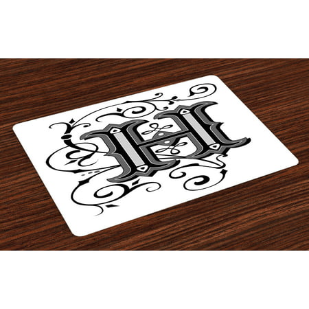 Letter H Placemats Set of 4 Calligraphy Elements in Uppercase Letter H Design from Middle Ages Artwork, Washable Fabric Place Mats for Dining Room Kitchen Table Decor,Black Grey White, by