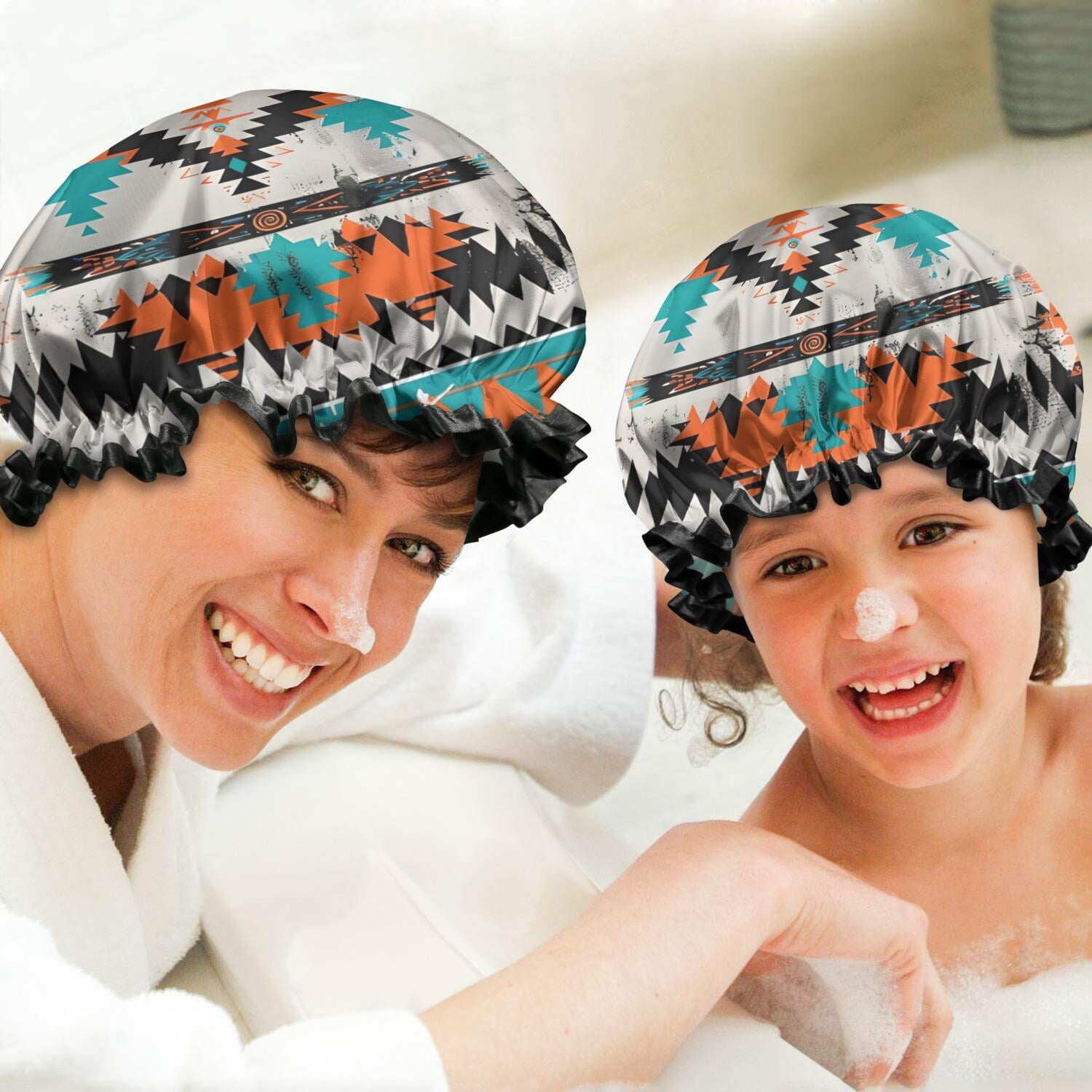 Shower Caps,Colorful Geometric Triangle Diamond Pattern Waterproof Shower Cap for Women 4 Pieces,Double Reusable Hair Cover for Shower PEVA Elastic Stretch Hem