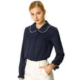 thumbnail image 1 of Blusa De Manga Larga Con Cuello Peter Pan Y Volantes Para Mujer Azul marino S, 1 of 6