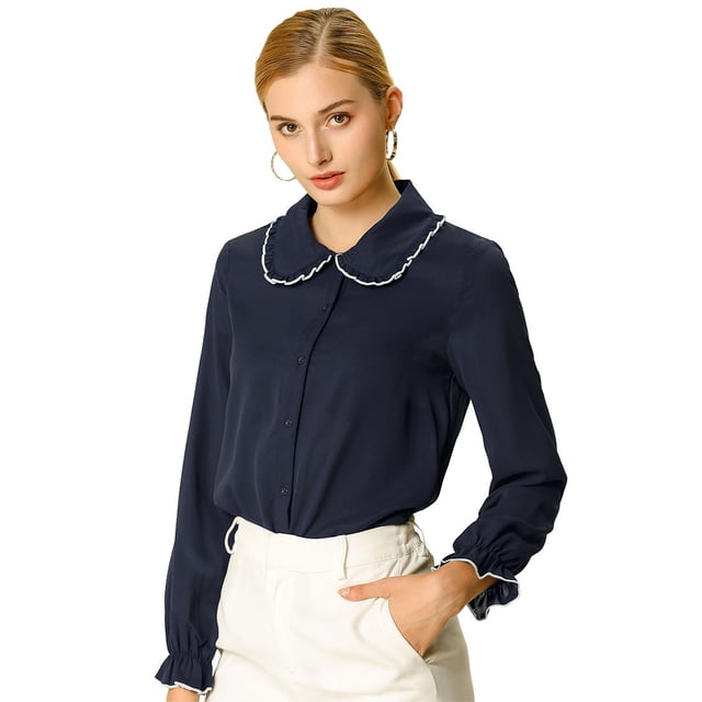 Blusa De Manga Larga Con Cuello Peter Pan Y Volantes Para Mujer Azul marino S