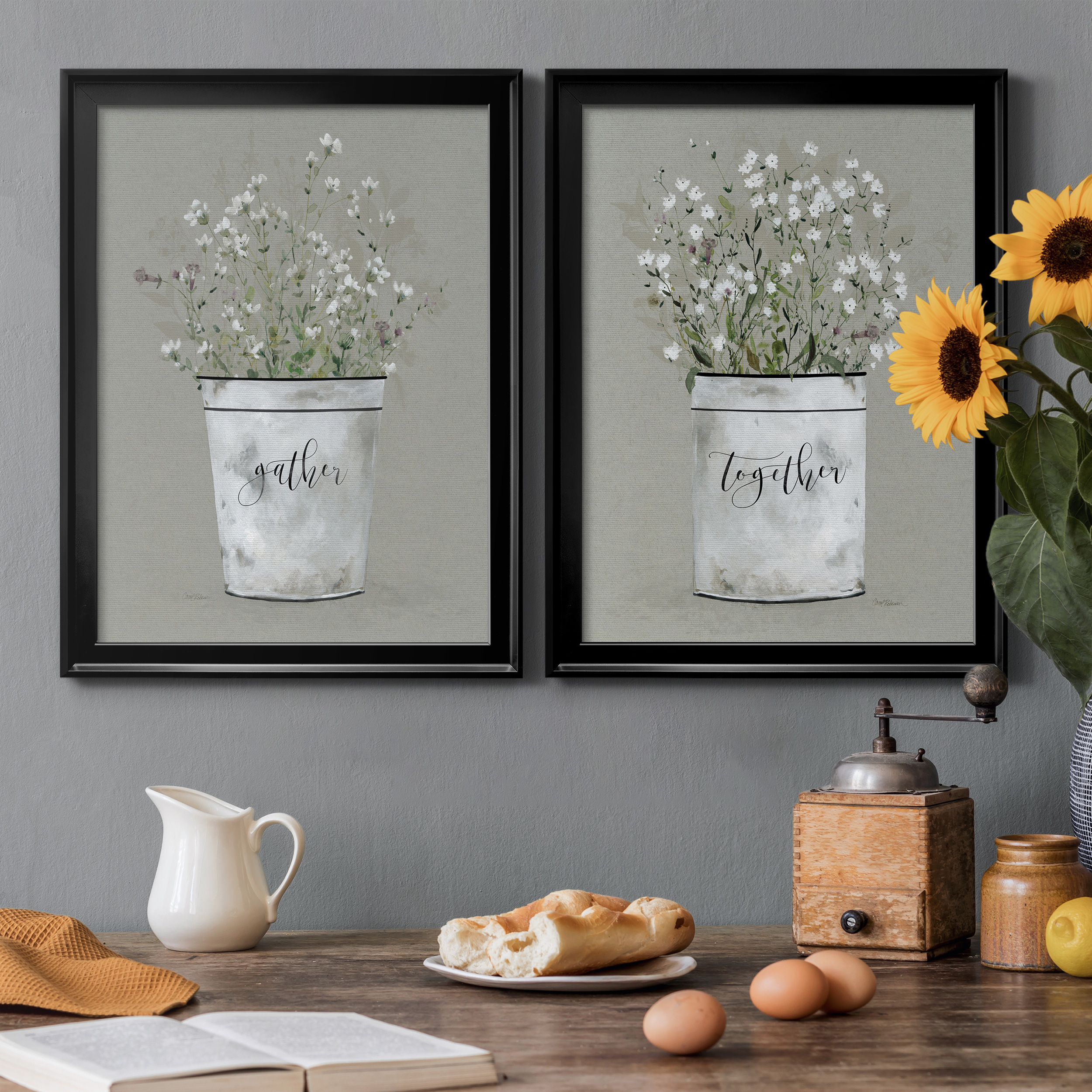 2 Piece Set Bouquet of Grace Bucket Gather Premium Framed Canvas - Ready to Hang - 22.5 x 30.5 Each - Black Frame