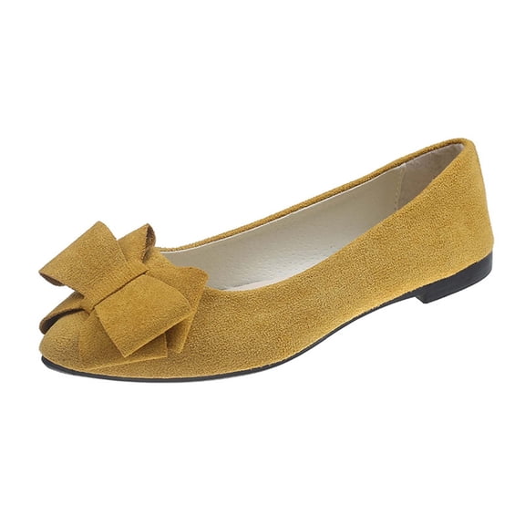 Xfvqtps Ladys Single Shoes Bowknot Suede Surface Pointy Toe Flat Bottom Soft Sole Fashion Work Casual Shoes Spring and Summer New Shallow Mouth Slip on Flat Shoes Yellow