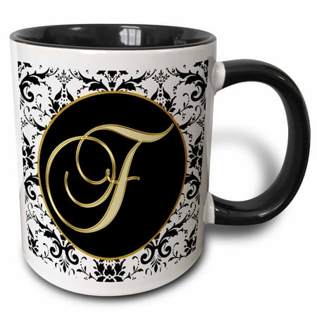 

3dRose Image of The Script Letter F in Black White and Gold - Two Tone Black Mug 11-ounce