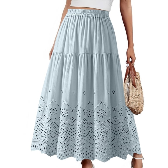 Women's Eyelet Embroidery Maxi Skirt Elastic Waist Flowy Casual Hollow out Summer Boho Long Skirts for Beach Travel Light Blue One Size