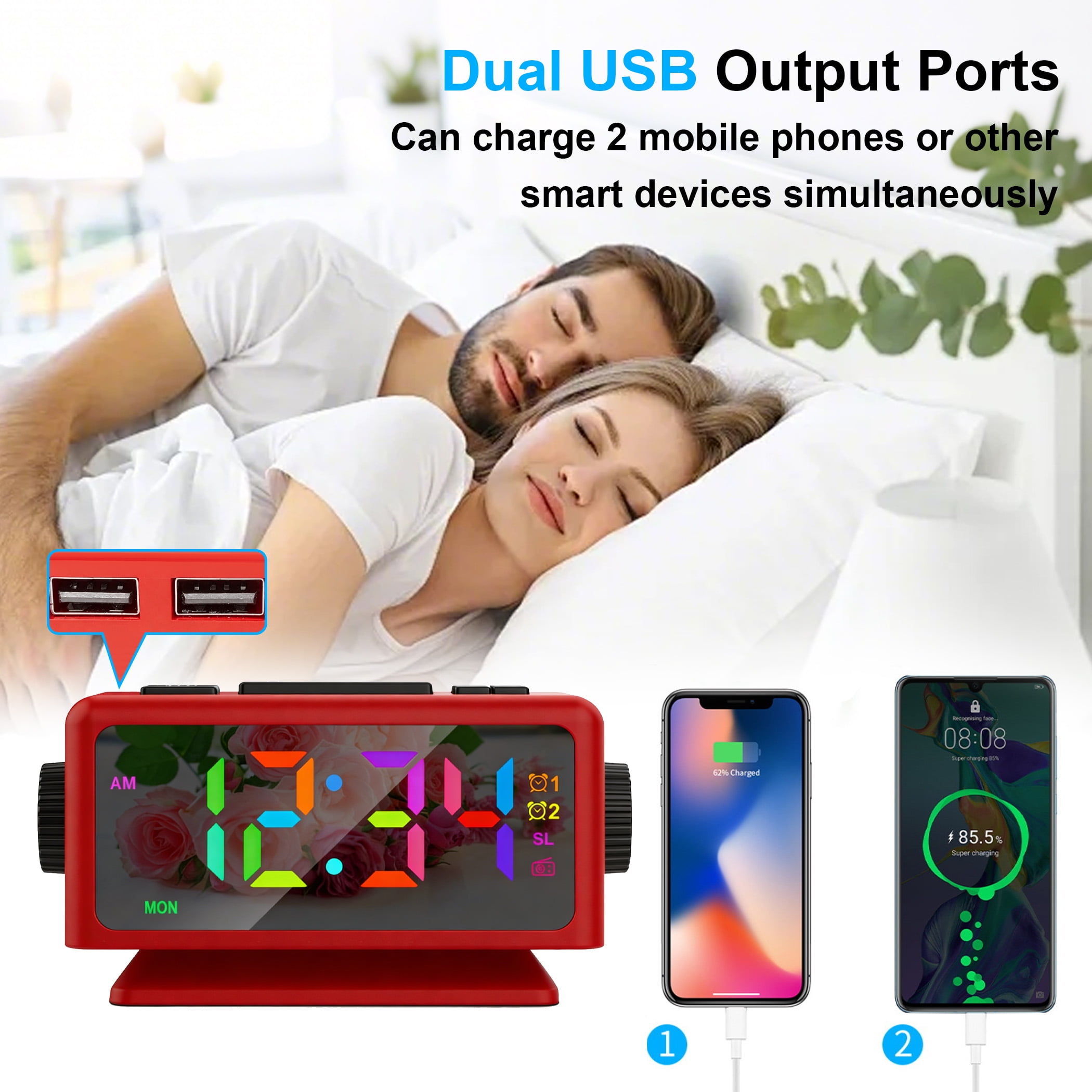 GJX Digital Desk Clock,Large Screen Display Bedside Clock,Multifunctional Alarm Clocks for Bedrooms,Calendar Radio,RGB Colorful Mirror,Dual Alarms,Snooze Function 5-60 min,12 Level Volume,12/24H