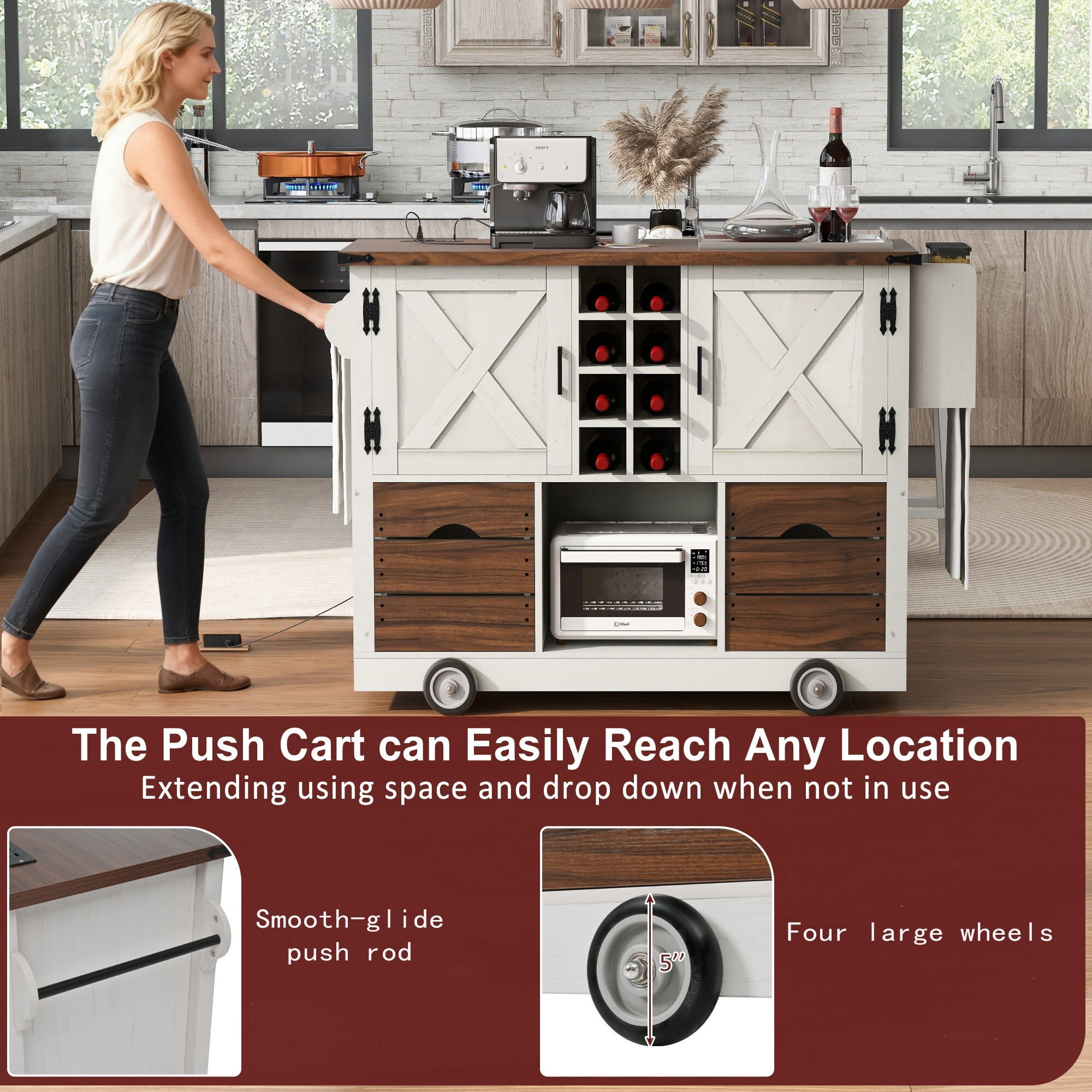 DEALTOPS Farmhouse Mobile Kitchen Island with Outlets | Foldable Tabletop, Drawers, Wine Rack | White with Rustic Brown