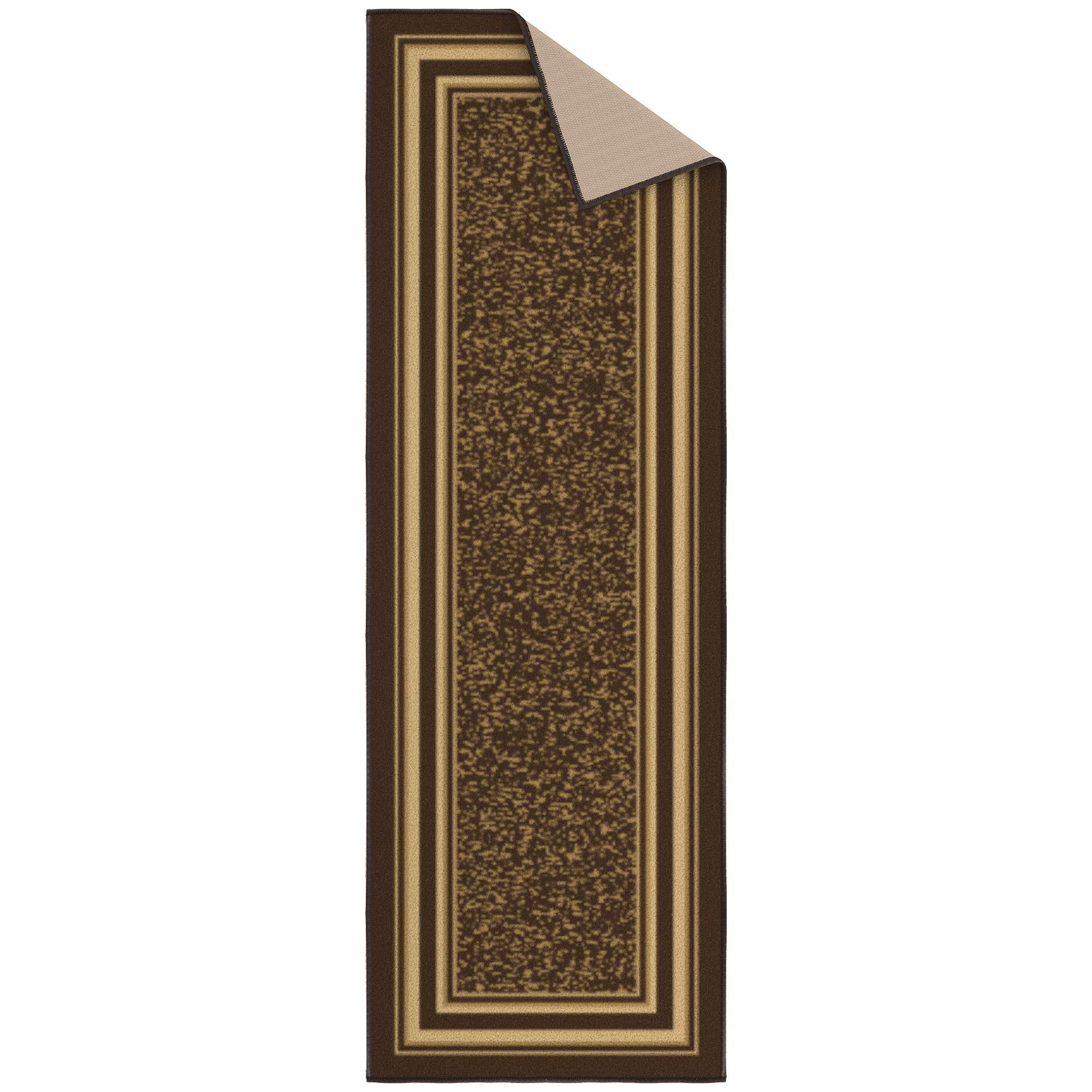 Ottomanson Border Bathroom Runner Rug 20" x 53" - Non Slip Low Pile Carpet, Dark Brown