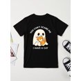 thumbnail image 1 of Halloween T-shirt - "You Can't Scare Me I Have a Cat" Cartoon Ghost & Pumpkin Print, Soft Stretchy Fabric, Round Neck Casual Top for Boys & Girls, Perfect for Holiday Parties &, 1 of 6