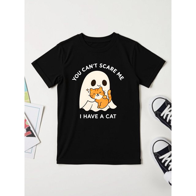 Halloween T-shirt - "You Can't Scare Me I Have a Cat" Cartoon Ghost & Pumpkin Print, Soft Stretchy Fabric, Round Neck Casual Top for Boys & Girls, Perfect for Holiday Parties &