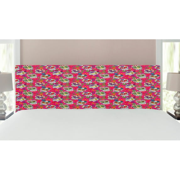 Sugar Skull Headboard, All Saints Day Oriental Mexican Flowers Hearts Vibrant Design Print, Upholstered Decorative Metal Bed Headboard with Memory Foam, King Size, Hot Pink Purple Green, by Ambesonne