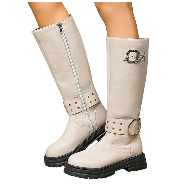 Fall Mid Calf Combat Boots for Women 2025 Buckles Studded Leather Platform Chunky Cowboy Riding Tall Boots