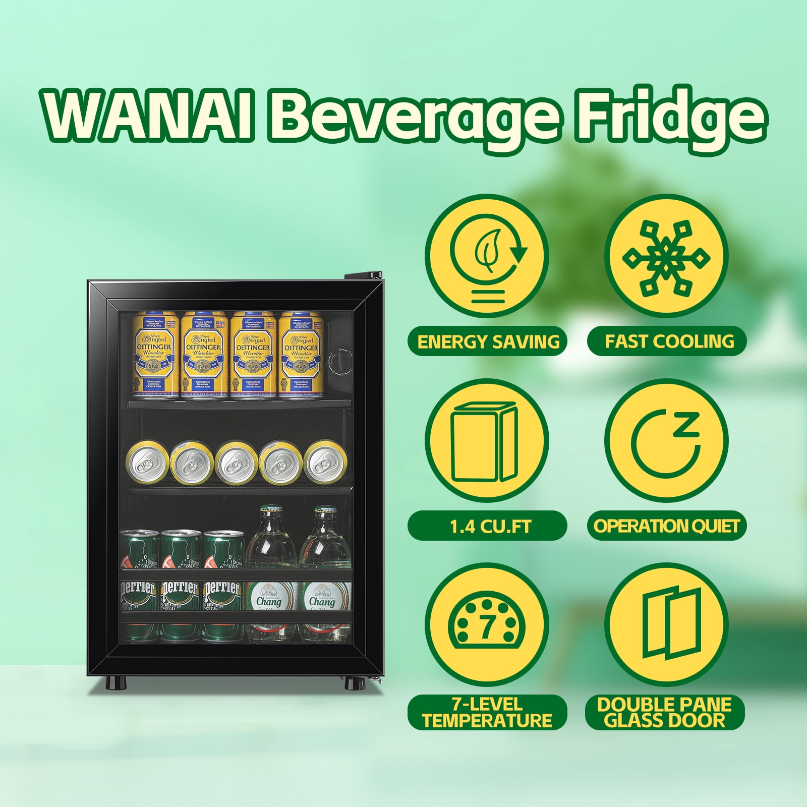 WANAI Mini Beverage Refrigerator Cooler 50 Can Beer Fridge with Double Glass Door 7 Adjustable Knob
