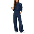 thumbnail image 2 of Wutalume Women's Fashionable Casual 2-Piece Set, Long Sleeve Solid Color Sweatshirt and Wide Leg Pants, Trendy Lounge Outfit,Navy 2XL, 2 of 5