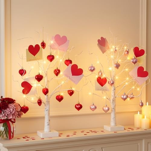 Valentine's Day Decorations, Set of 2 Gift Card Tree with 24 Hanging Heart Ornaments, for Home Indoor Bedroom Anniversary Wedding Party Decor, 6H/18H Timer