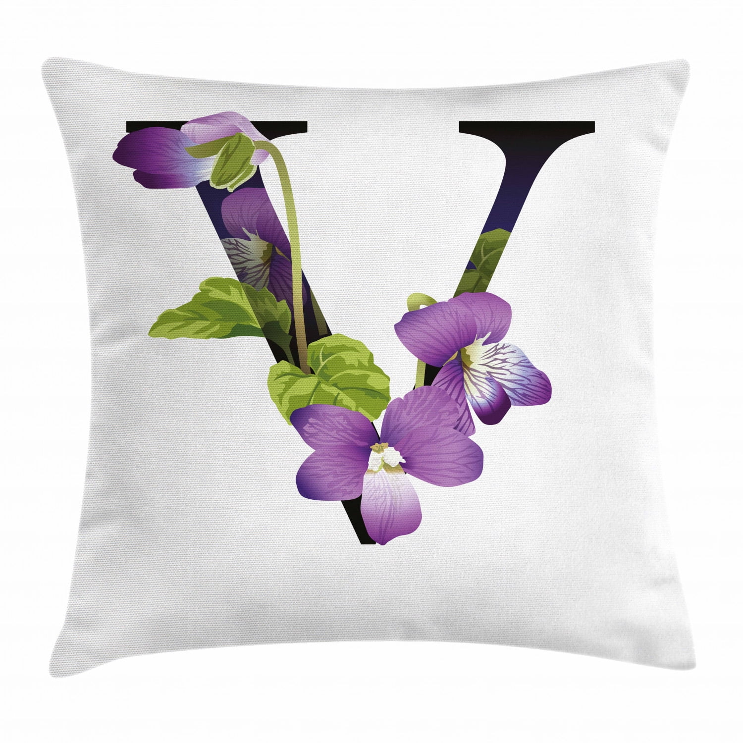 Letter V Throw Pillow Cushion Cover, Viola Sororia Wildflowers on the V