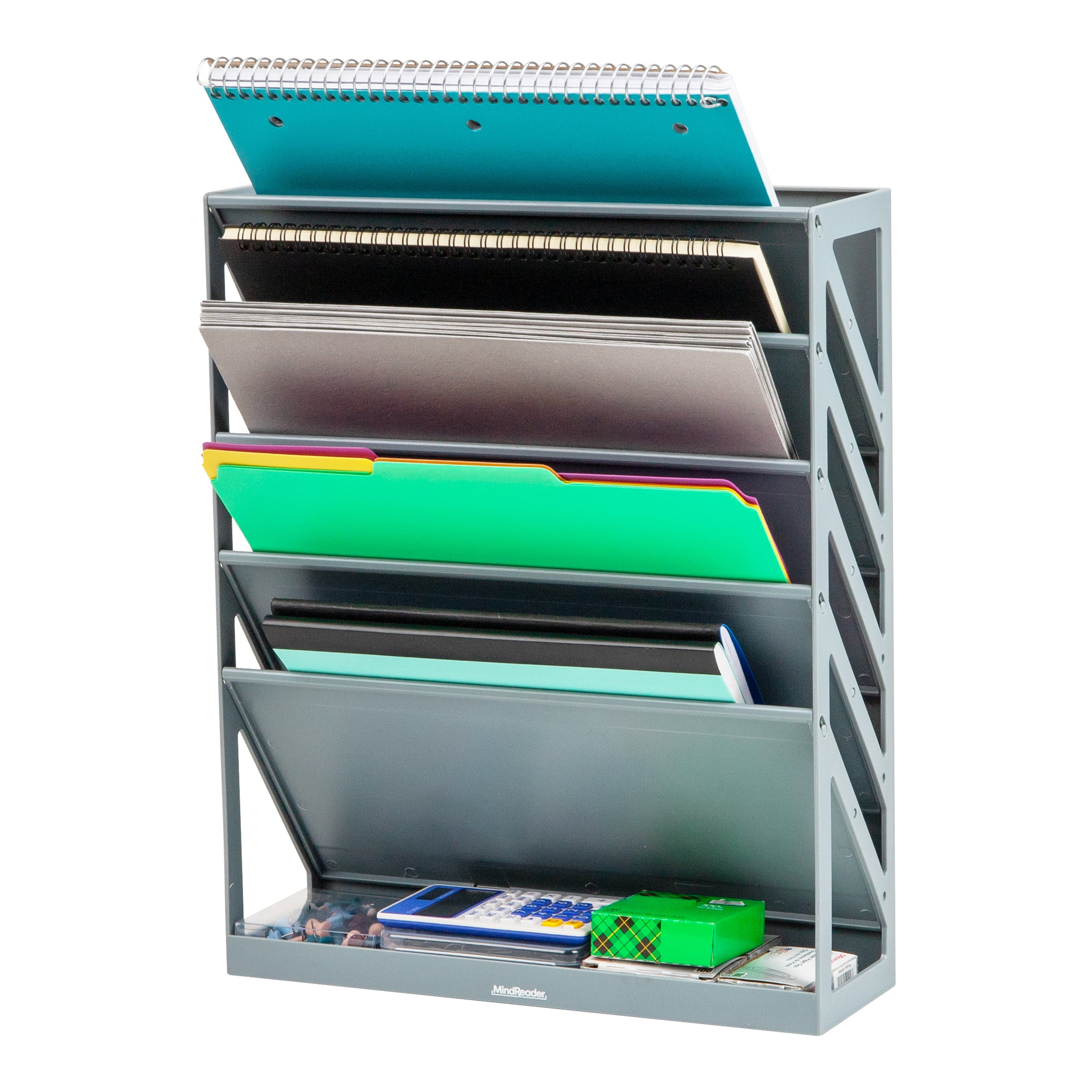 Mind Reader 5-Tier Vertical File Storage, Desktop Organizer, Wall Mount, Office, Plastic, 13"L x 4.25"W x 16"H, Gray