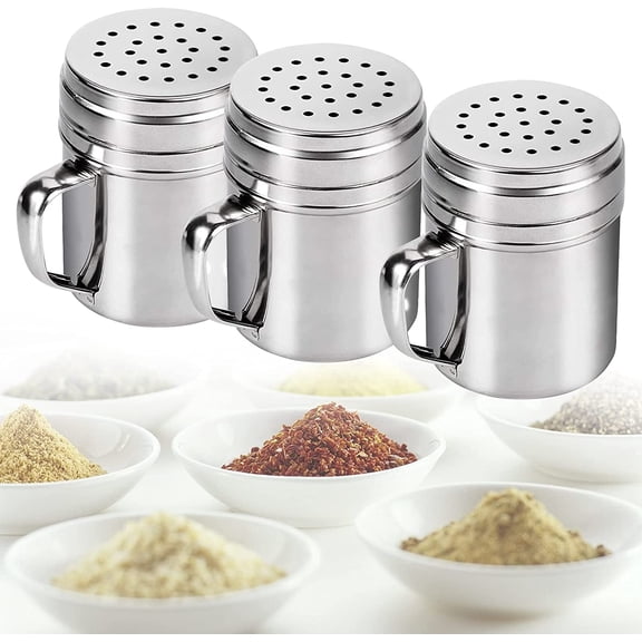 TEAMD 3 Pieces Stainless Steel Dredge Shaker, Spice Shaker with Handle, Metal Versatile Seasoning Shaker with Rotating Cover
