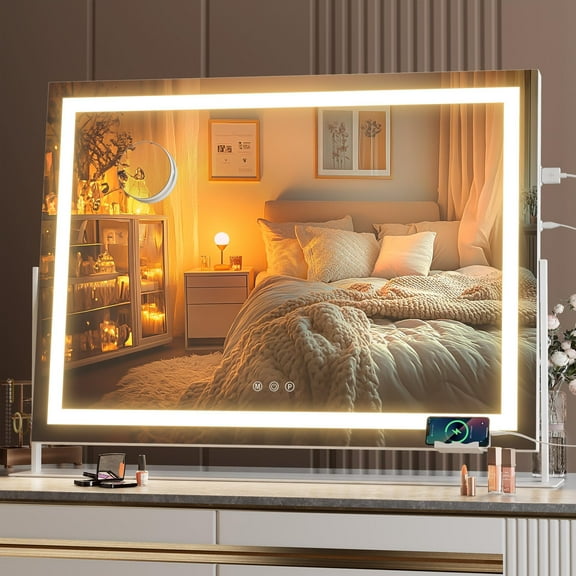 Hasipu 28"x20" LED Vanity Mirror with Lights, 10X Magnification Makeup Mirror, Touch Control 3 Color Dimmable Lighting, 360° Rotation, Includes Phone Holder & USB Port, White