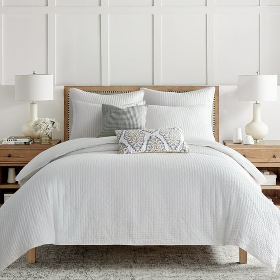 Levtex Home - Cross Stitch Duvet Cover Set - Full/Queen Duvet Cover   Two Standard Pillow Cases - Solid Stitch - Bright White - Duvet Cover (90 x 94in.) and Pillow Case (26 x 20in.) - Cotton