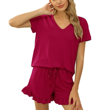 

Womens Ruffle Pajama Set Soft Short Sleeve Sleepwear 2 Piece Lounge Sets for Women