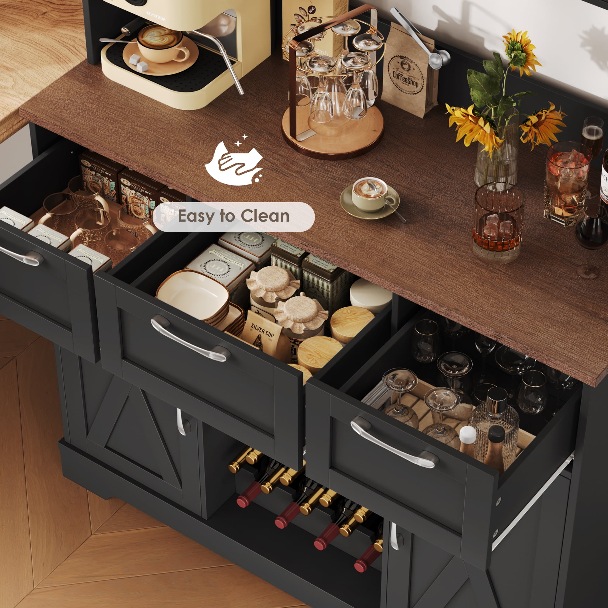 Homfa 71'' Tall Wine Bar Cabinet with Storage Hutch & 3 Drawers, Farmhouse Coffee Bar Cabinet Wine Rack with Adjustable Shelves for Kitchen Dining Room, Black