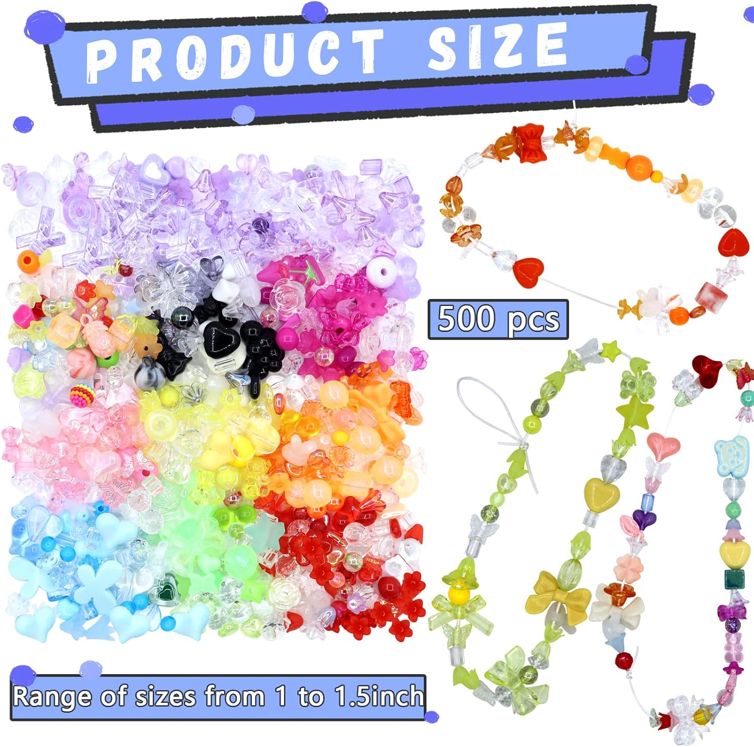 500PCS Acrylic Assorted Beads Flower Sweetheart Butterfly Candy Acrylic Kawaii Aesthetic Beads for Bracelets DIY Jewelry Making (10 Candy Colors)