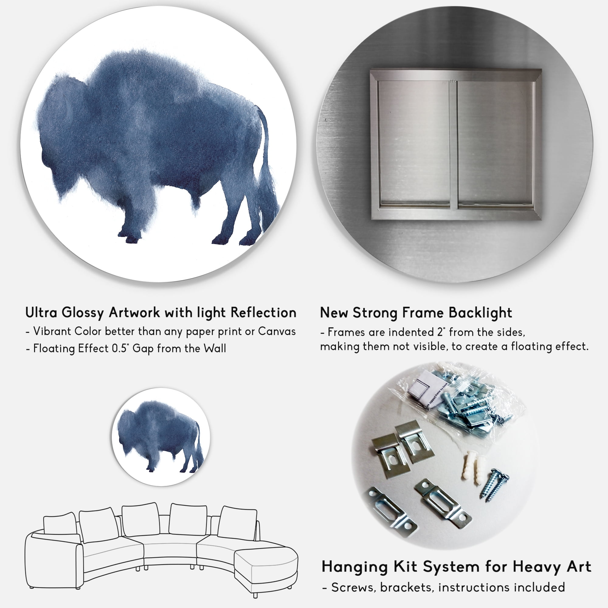 Designart 'Navy Blue Bison Silhouette On White' Farmhouse Circle Metal Wall Art 36x36 - Disc of 36