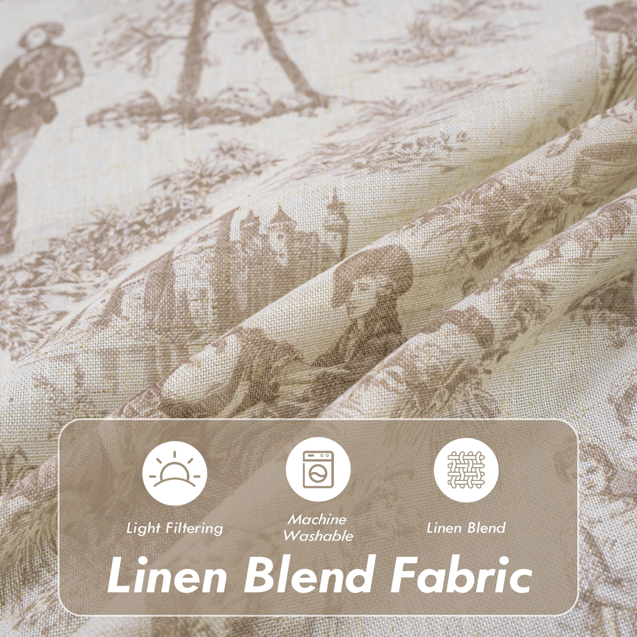 DriftAway Kitchen Curtains Toile Tier Linen Short Curtains Cafe 45 Inch Length for Living Room Bathroom Farmhouse French Country Vintage Printed Pattern Rod Pocket 2 Panels Beige