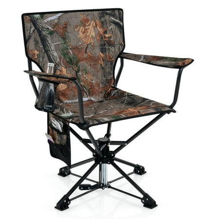 GVN Camping Seat Chair Picnic Chair 360° Swivel Hunting Chair Portable Foldable Hunting Chair with Mesh Cup Holder and Storage Pockets-Camouflage