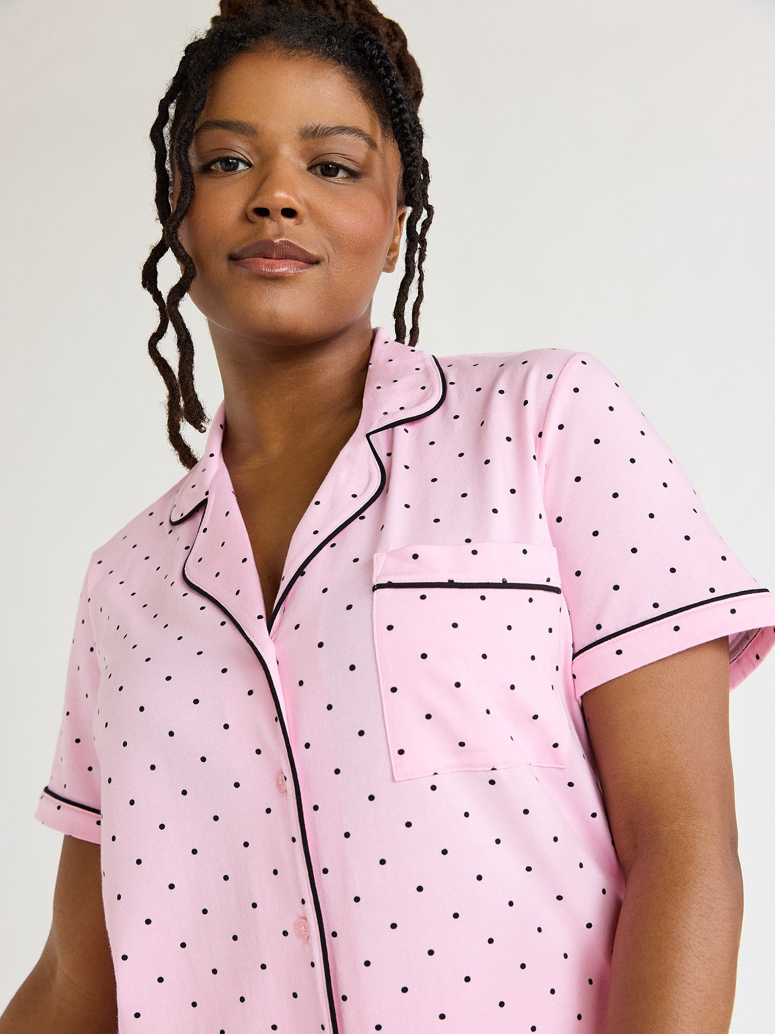 Joyspun Women's Cotton Blend Notch Collar Top and Shorts Pajama Set, 2-Piece, Sizes S to 4X