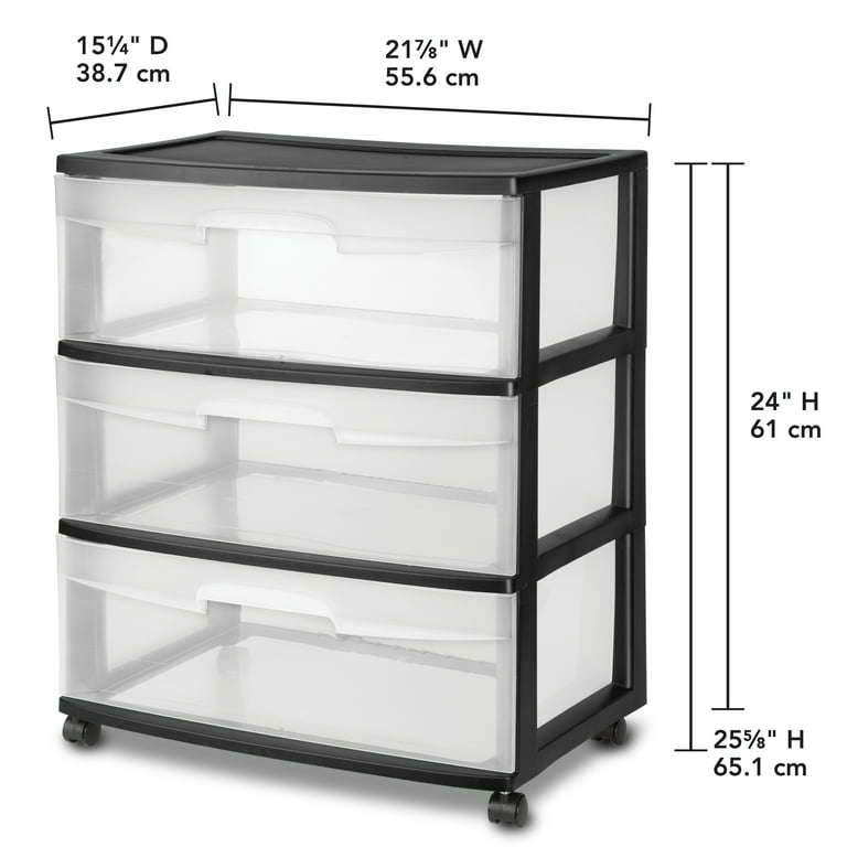Sterilite Wide 3 Drawer Storage Cart, Plastic Rolling Cart with Wheels to  Organize Clothes in Bedroom, Closet, White with Clear Drawers, 2-Pack
